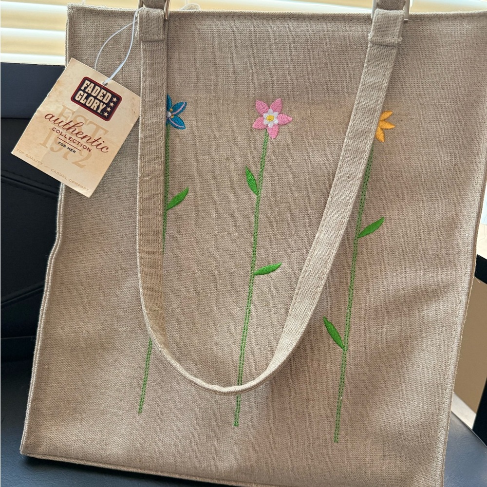 Faded Glory Beige Tote with Floral Embroidery